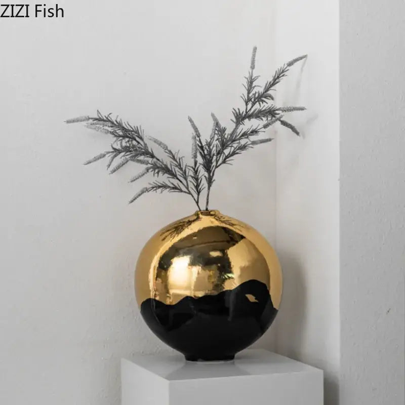 DecorBites™ Black Golden Ceramic Vase Desk Decoration Minimalism Aesthetic Floral Room Decor
