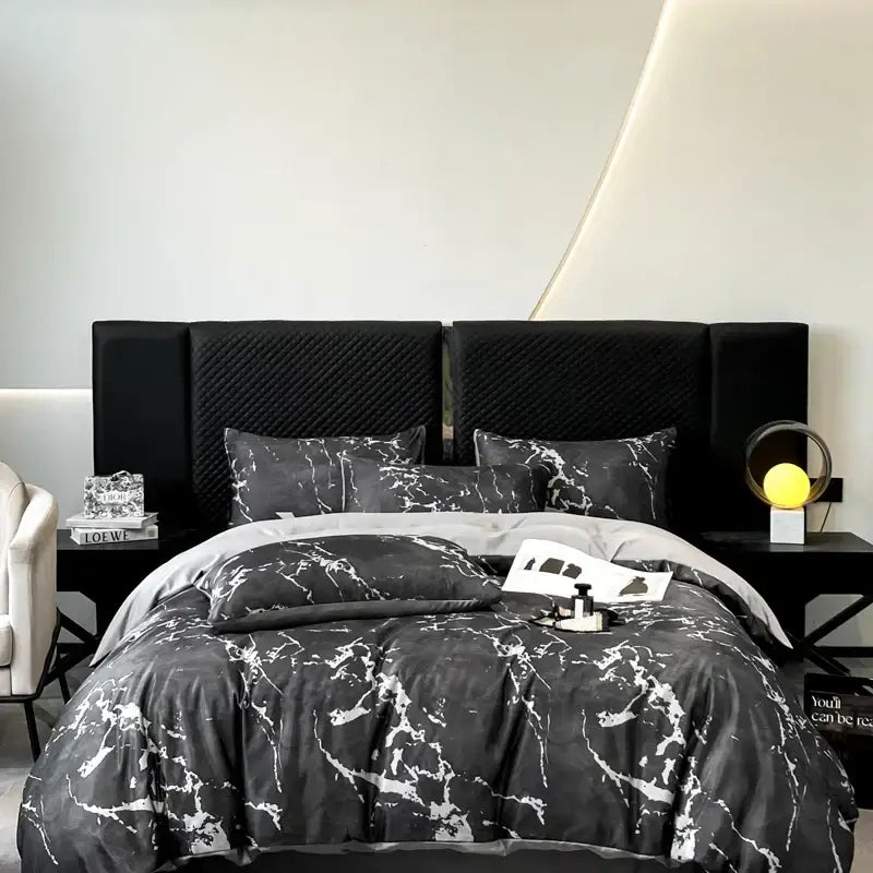 DecorBites™ Black Grey Marble Ice Silk Duvet Cover Set - Luxury Cooling Comfort, Nordic Style