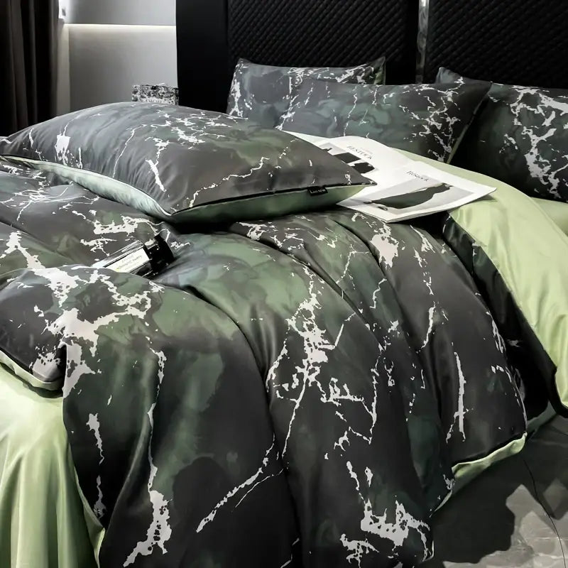 DecorBites™ Black Grey Marble Ice Silk Duvet Cover Set - Luxury Cooling Comfort, Nordic Style