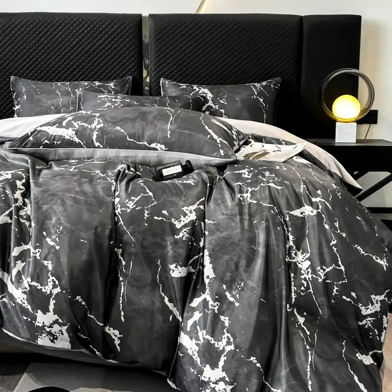 DecorBites™ Black Grey Marble Ice Silk Duvet Cover Set - Luxury Cooling Comfort, Nordic Style