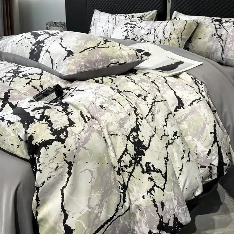 DecorBites™ Black Grey Marble Ice Silk Duvet Cover Set - Luxury Cooling Comfort, Nordic Style