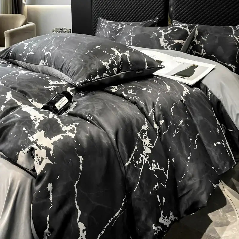 DecorBites™ Black Grey Marble Ice Silk Duvet Cover Set - Luxury Cooling Comfort, Nordic Style