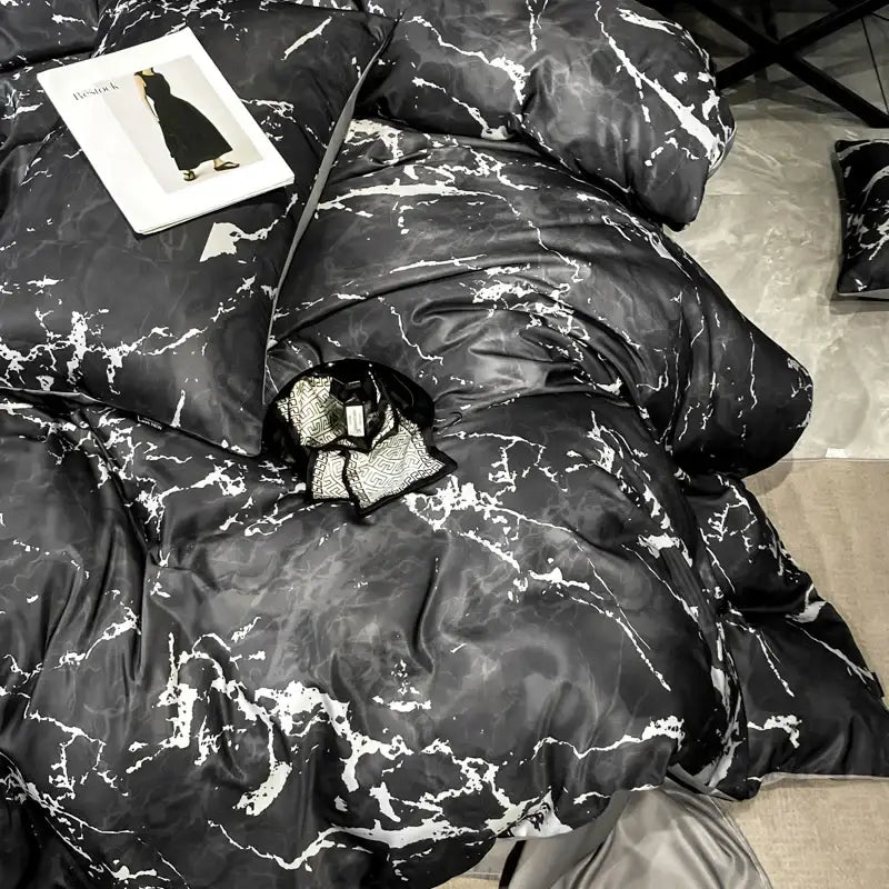 DecorBites™ Black Grey Marble Ice Silk Duvet Cover Set - Luxury Cooling Comfort, Nordic Style