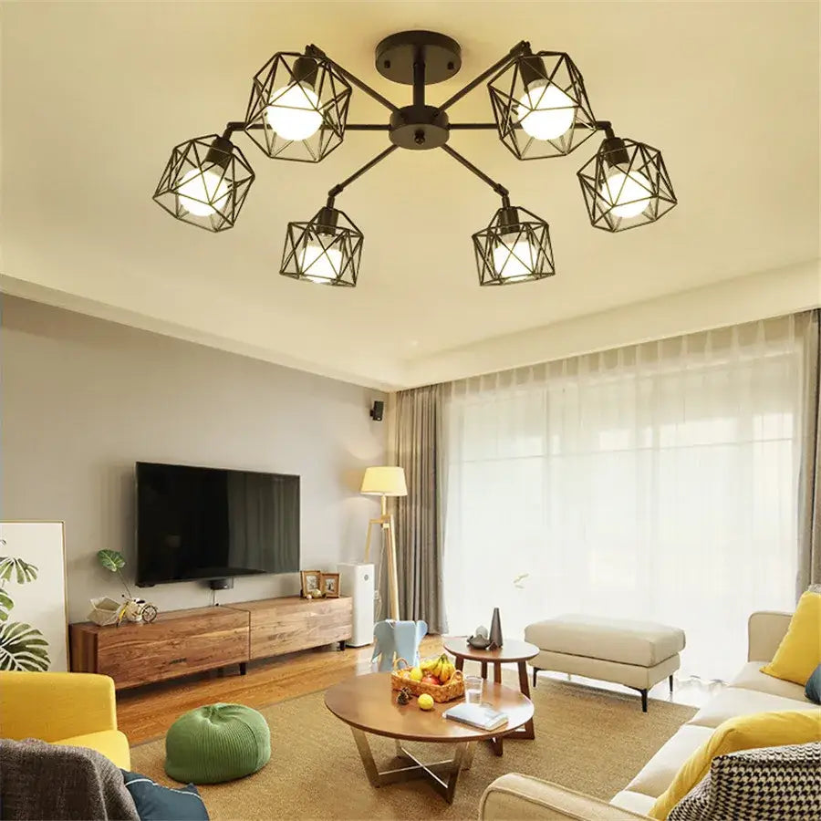 DecorBites™ Black Iron Cage Chandelier: Adjustable Spider Design Modern Ceiling Lamp