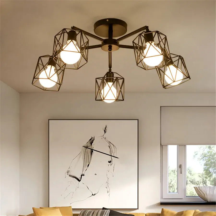 DecorBites™ Black Iron Cage Chandelier: Adjustable Spider Design Modern Ceiling Lamp