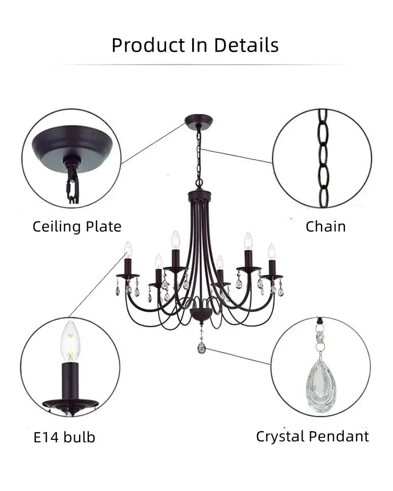 DecorBites™ Black Iron Chandelier with Crystal Pendant for Home Lighting