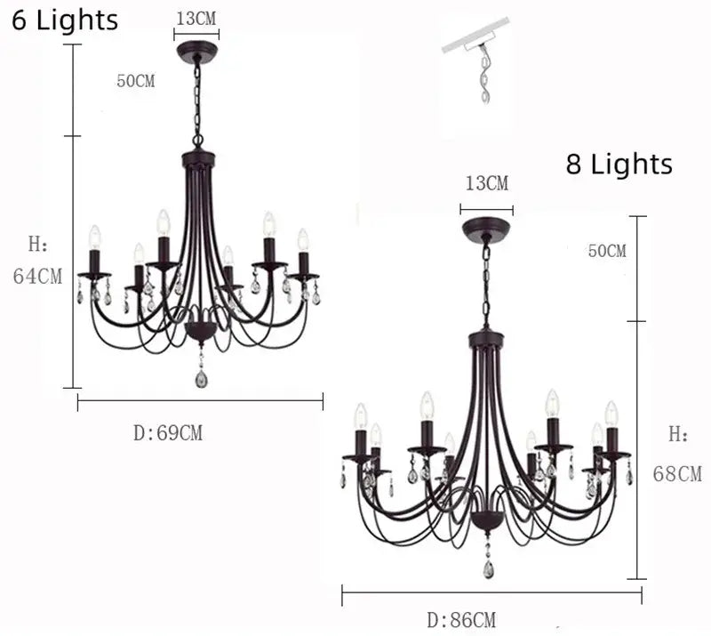 DecorBites™ Black Iron Chandelier with Crystal Pendant for Home Lighting