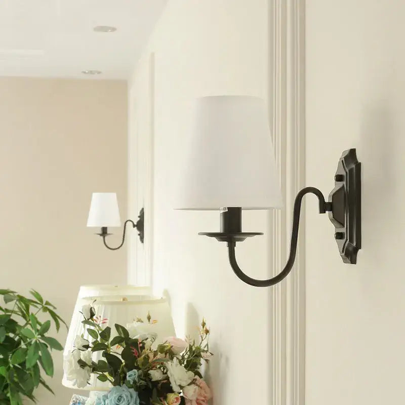 DecorBites™ Black Iron Wall Lamp: American Rural Style for Living Room, Bedroom, Hotel - E14 Fabric Wall Light