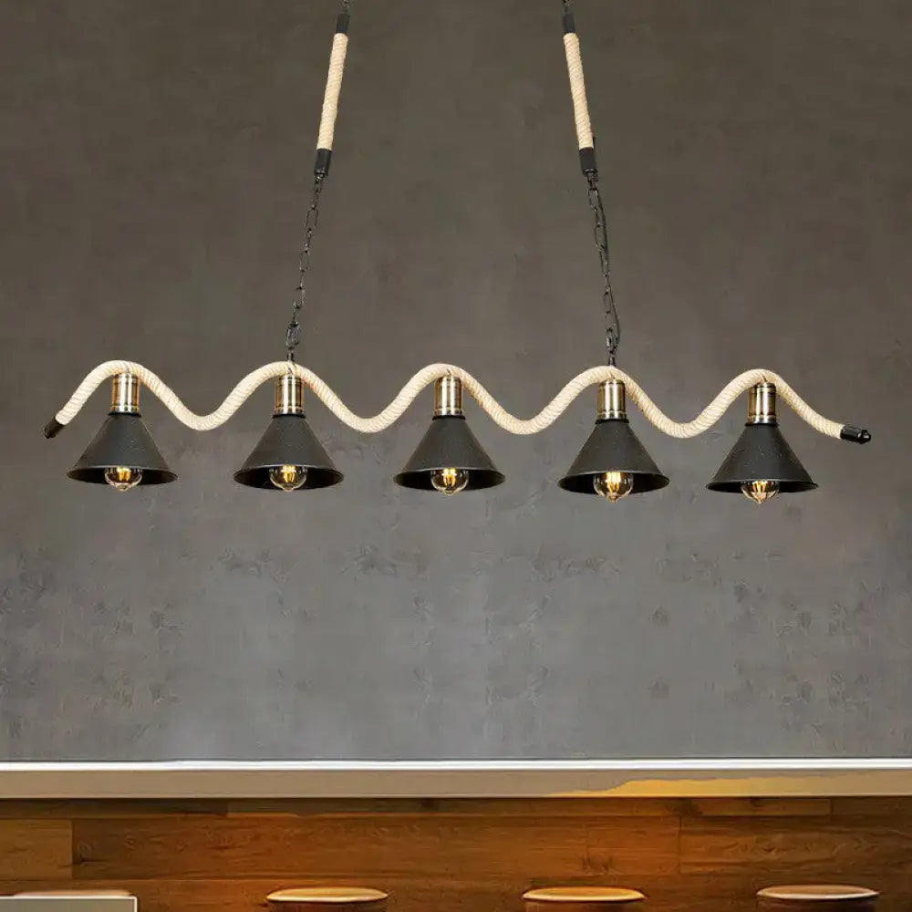 DecorBites™ Black Island Pendant with 5 Hemp Rope Lights and Metal Shade