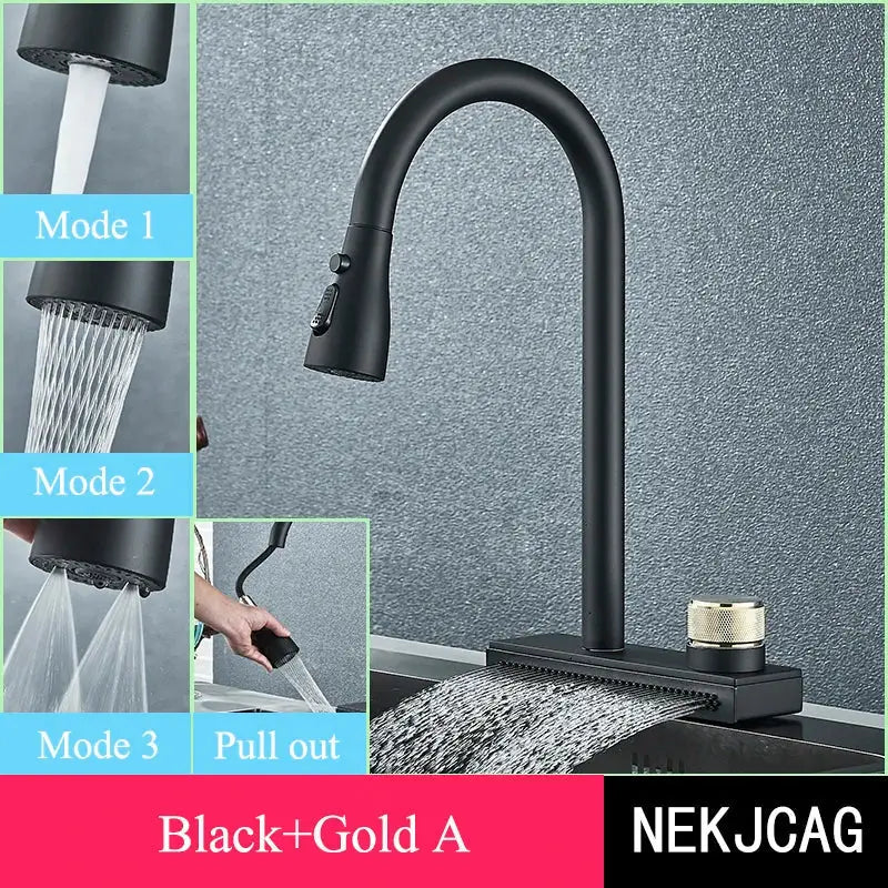 DecorBites™ Black Kitchen Faucet: Flexible Pull Out 3 Nozzle Mixer Tap