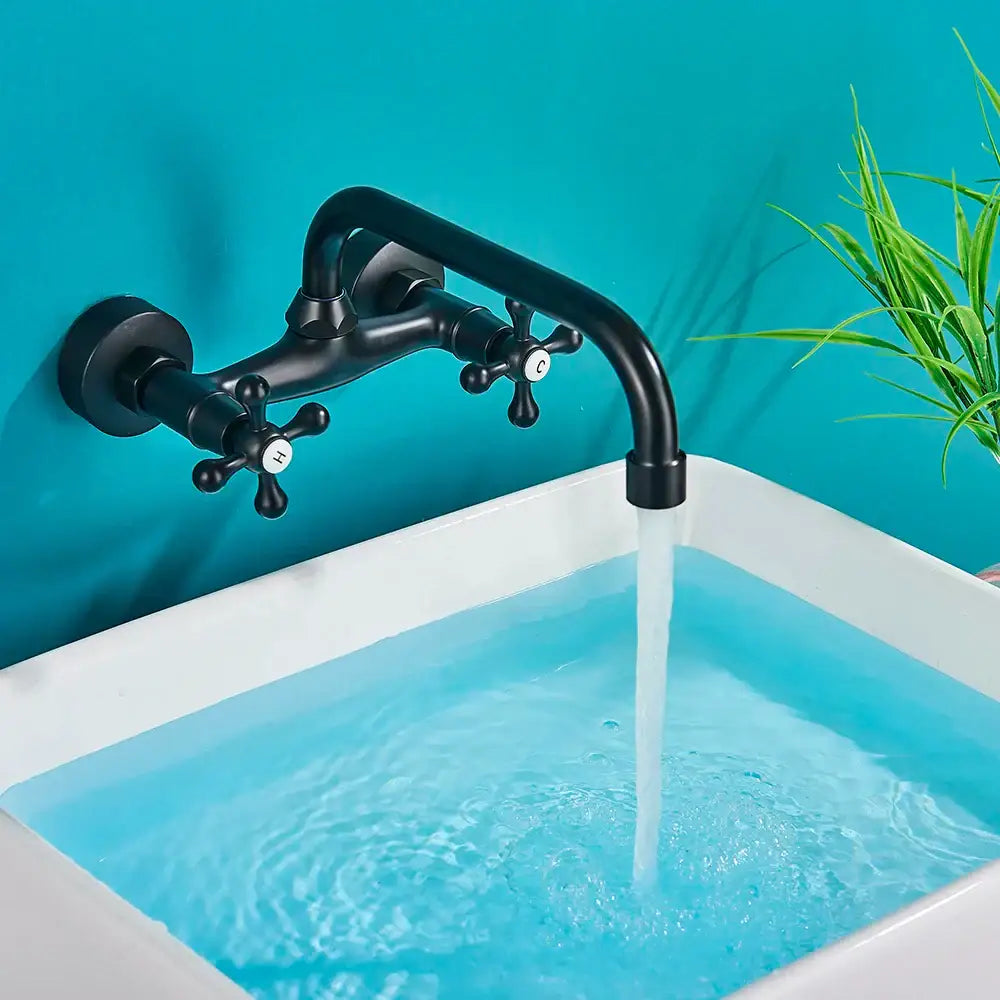 DecorBites™ Black Kitchen Faucet Mixer Tap Swivel Spout Wall Mounted Hot Cold Water