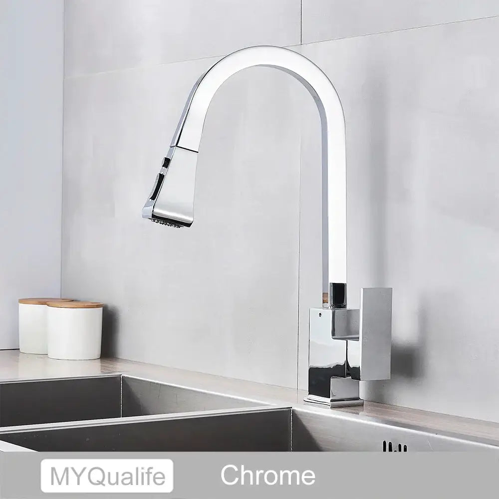 DecorBites™ Black Kitchen Faucet Pull Out Mixer Square Single Handle Deck Mounted Tap
