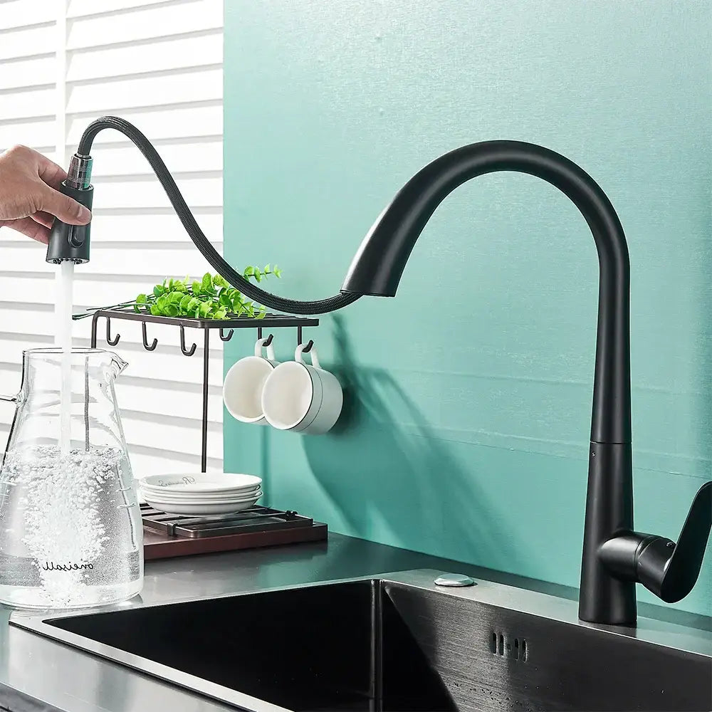 DecorBites™ Black Kitchen Faucet Single Handle Pull Out Hot Cold Water Mixer Tap