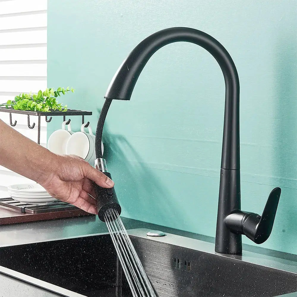 DecorBites™ Black Kitchen Faucet Single Handle Pull Out Hot Cold Water Mixer Tap