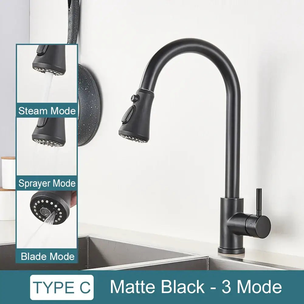 DecorBites™ Black Kitchen Faucet: Single Handle Pull Out Mixer, Two Function Hot and Cold Water Taps