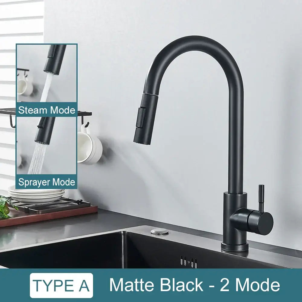 DecorBites™ Black Kitchen Faucet: Single Handle Pull Out Mixer, Two Function Hot and Cold Water Taps