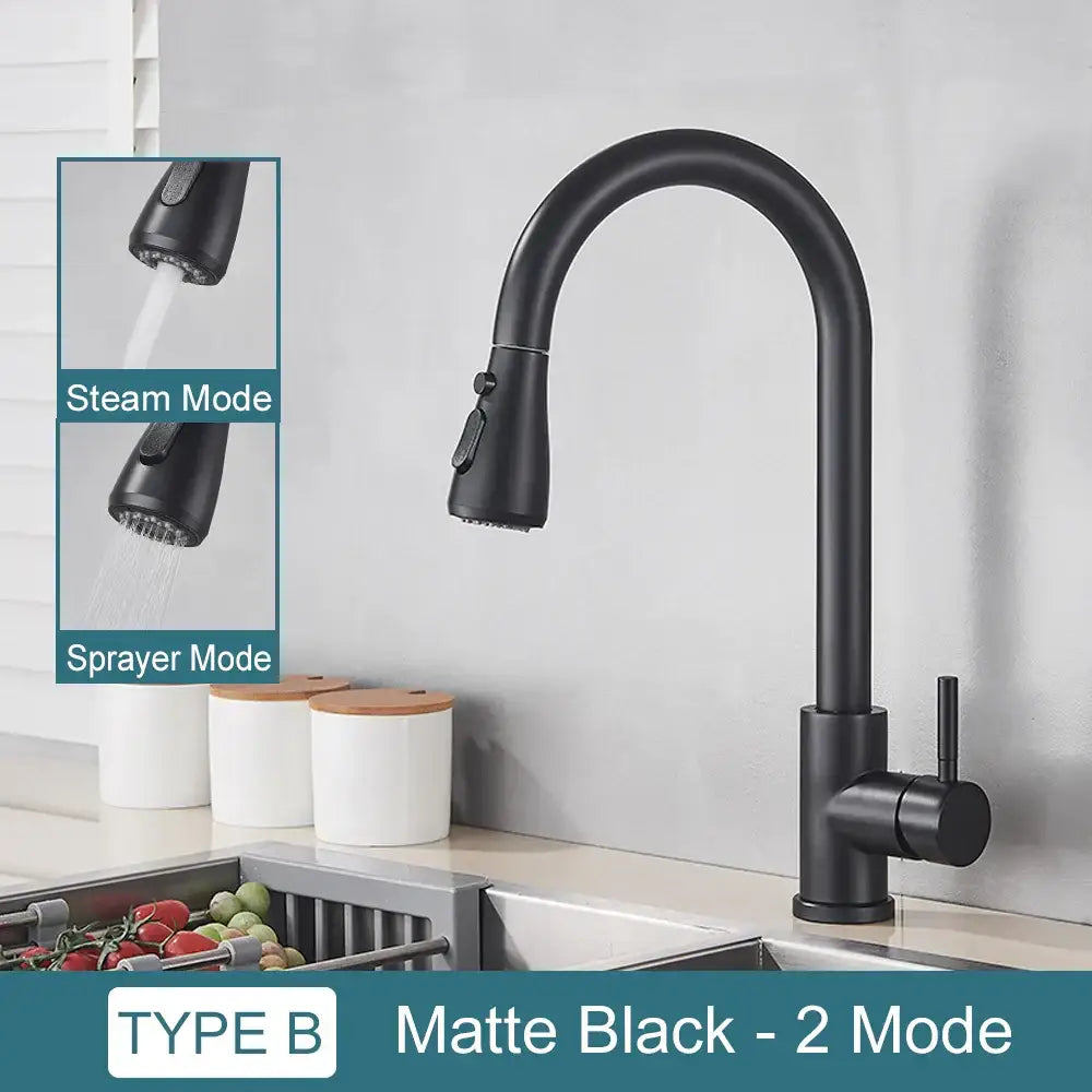 DecorBites™ Black Kitchen Faucet: Single Handle Pull Out Mixer, Two Function Hot and Cold Water Taps