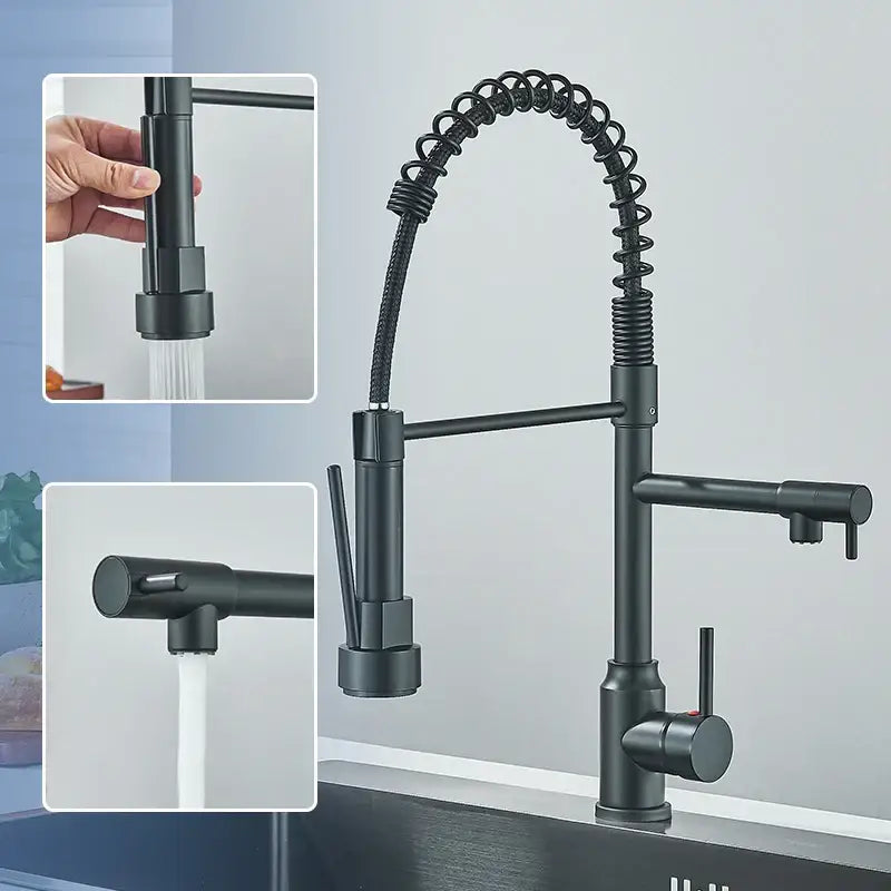 DecorBites™ Black Kitchen Faucet Spring Pull Down Sprayer Dual Spout Nozzle Mixer Tap