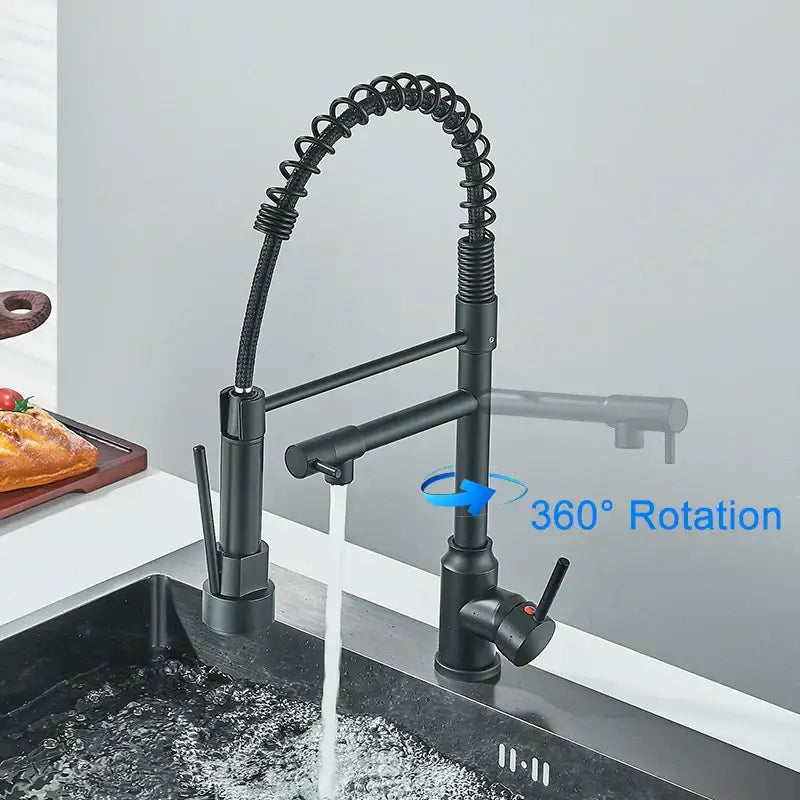 DecorBites™ Black Kitchen Faucet Spring Pull Down Sprayer Dual Spout Nozzle Mixer Tap