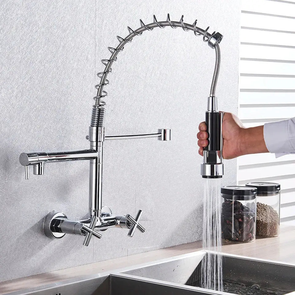 DecorBites™ Black Kitchen Faucet Wall Mounted Dual Swivel Spouts Vessel Sink Mixer Tap