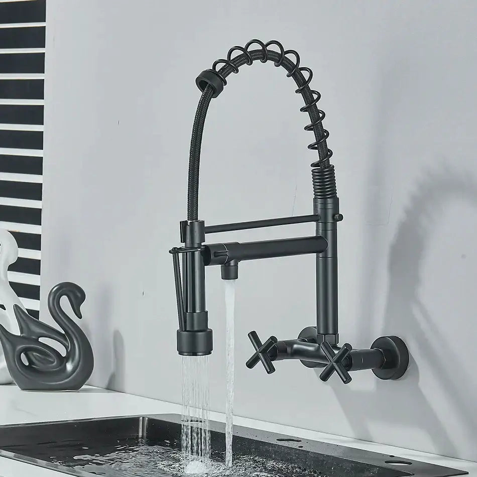 DecorBites™ Black Kitchen Faucet Wall Mounted Dual Swivel Spouts Vessel Sink Mixer Tap