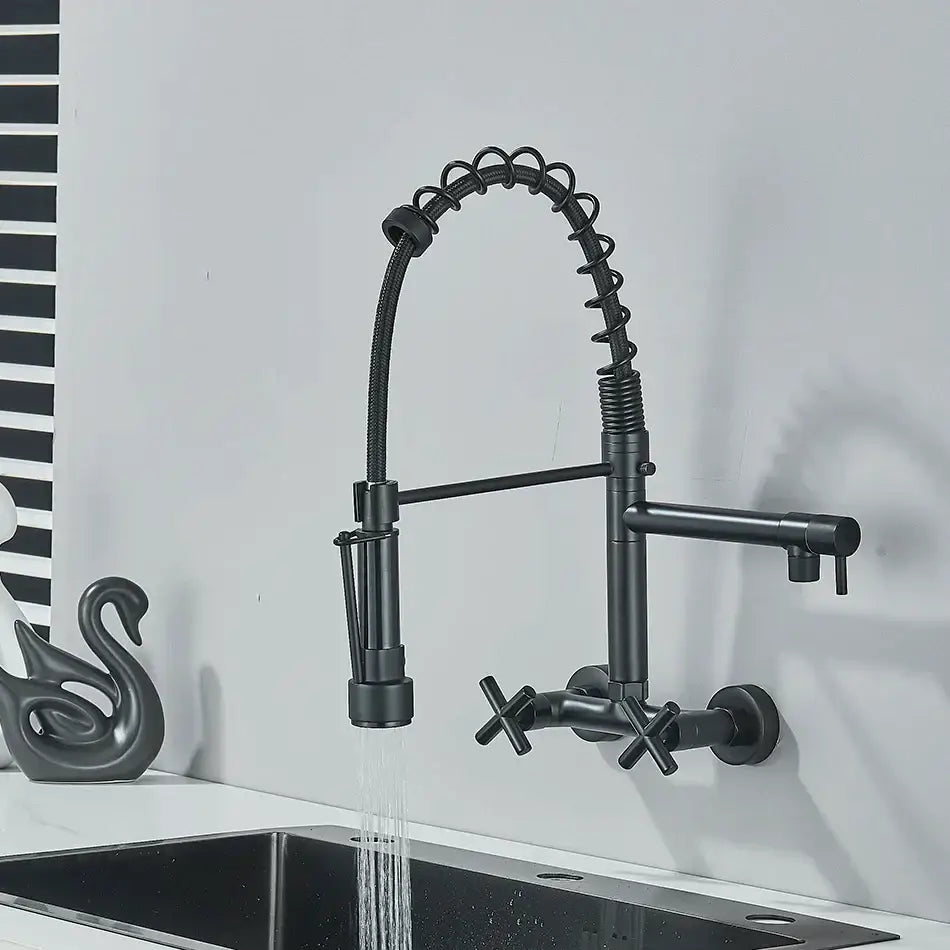 DecorBites™ Black Kitchen Faucet Wall Mounted Dual Swivel Spouts Vessel Sink Mixer Tap