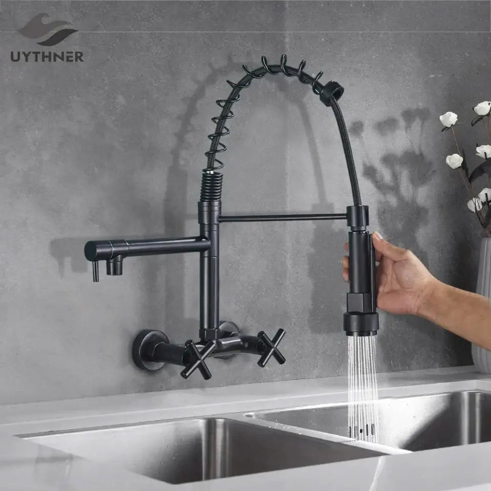 DecorBites™ Black Kitchen Faucet Wall Mounted Dual Swivel Spouts Vessel Sink Mixer Tap