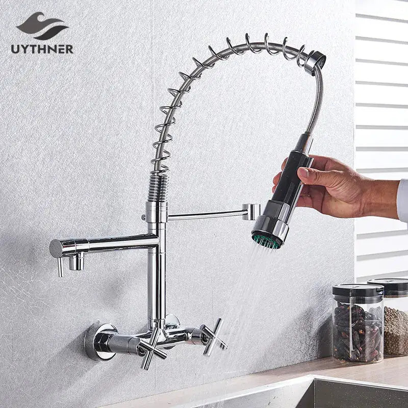 DecorBites™ Black Kitchen Faucet Wall Mounted Dual Swivel Spouts Vessel Sink Mixer Tap