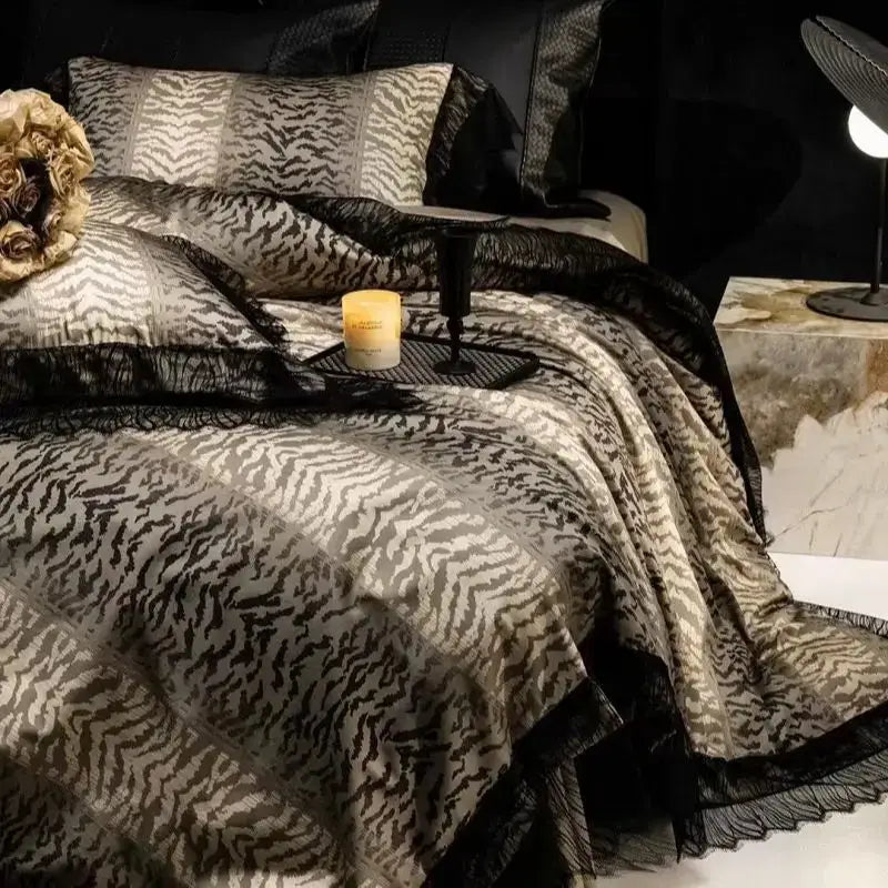 DecorBites™ Black Lace Leopard Print 1000TC Egyptian Cotton Bedding Set 4Pcs