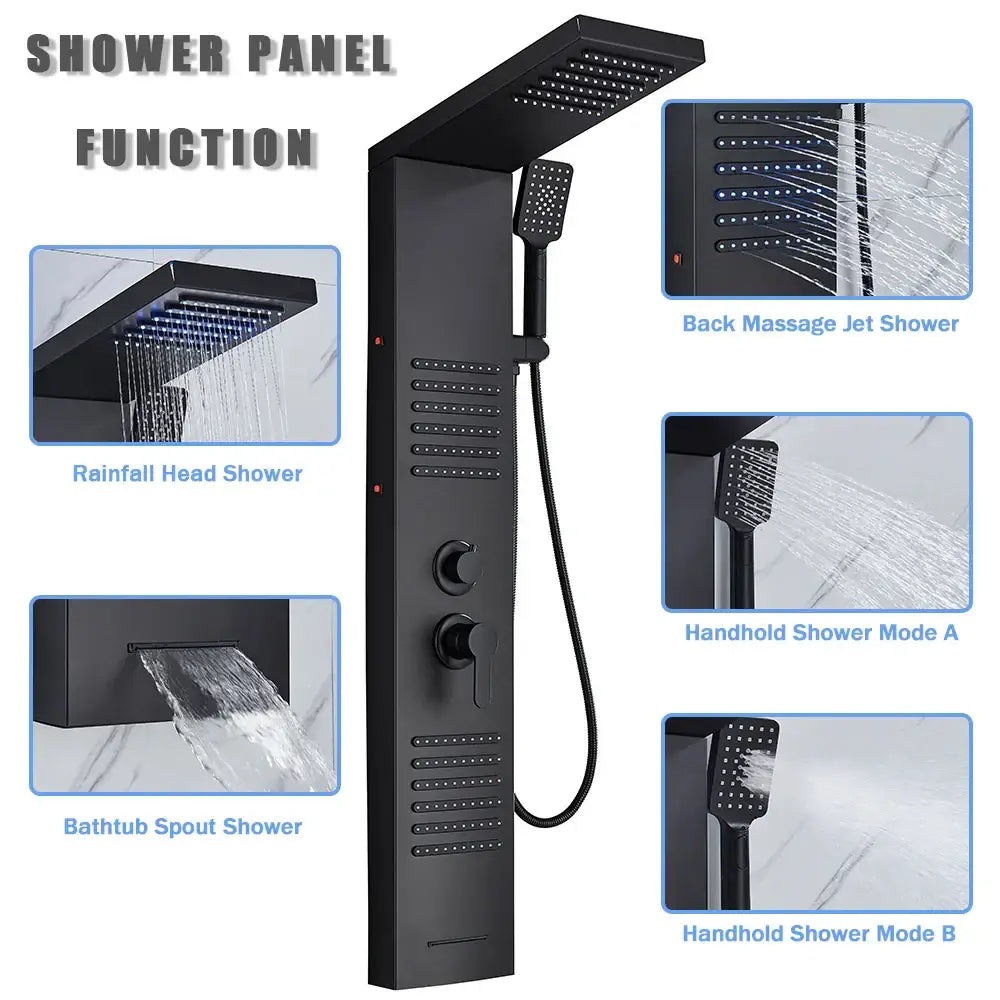 DecorBites™ Black LED Shower Column with Massage Jets and Waterfall Mixer Tap