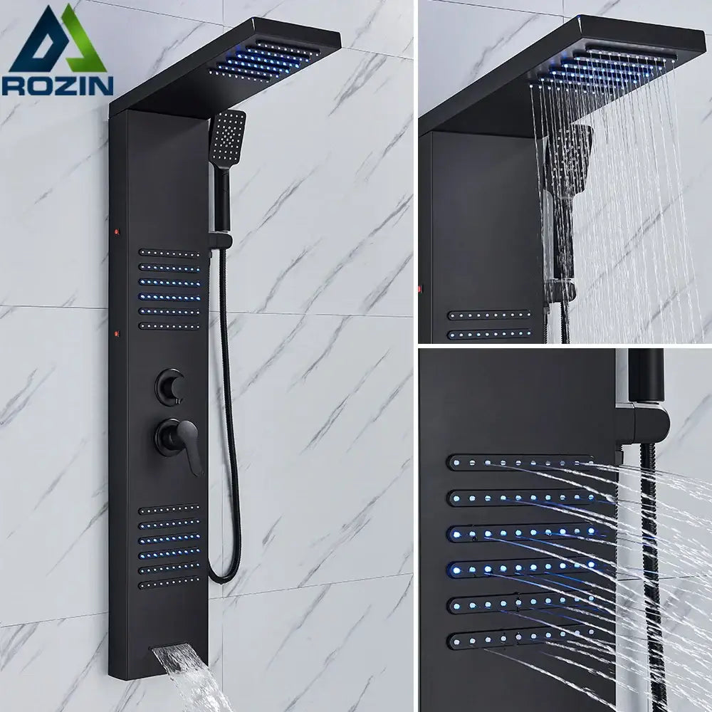 DecorBites™ Black LED Shower Column with Massage Jets and Waterfall Mixer Tap