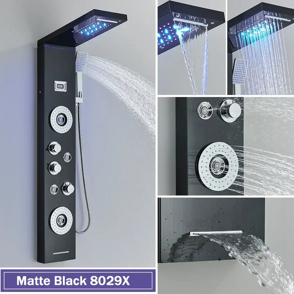 DecorBites™ Black LED Shower Column with Massage Jets and Waterfall Mixer Tap