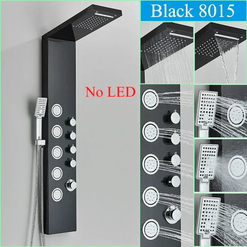 DecorBites™ Black LED Shower Faucet Panel with Waterfall Rain System & Massage Spa Spout