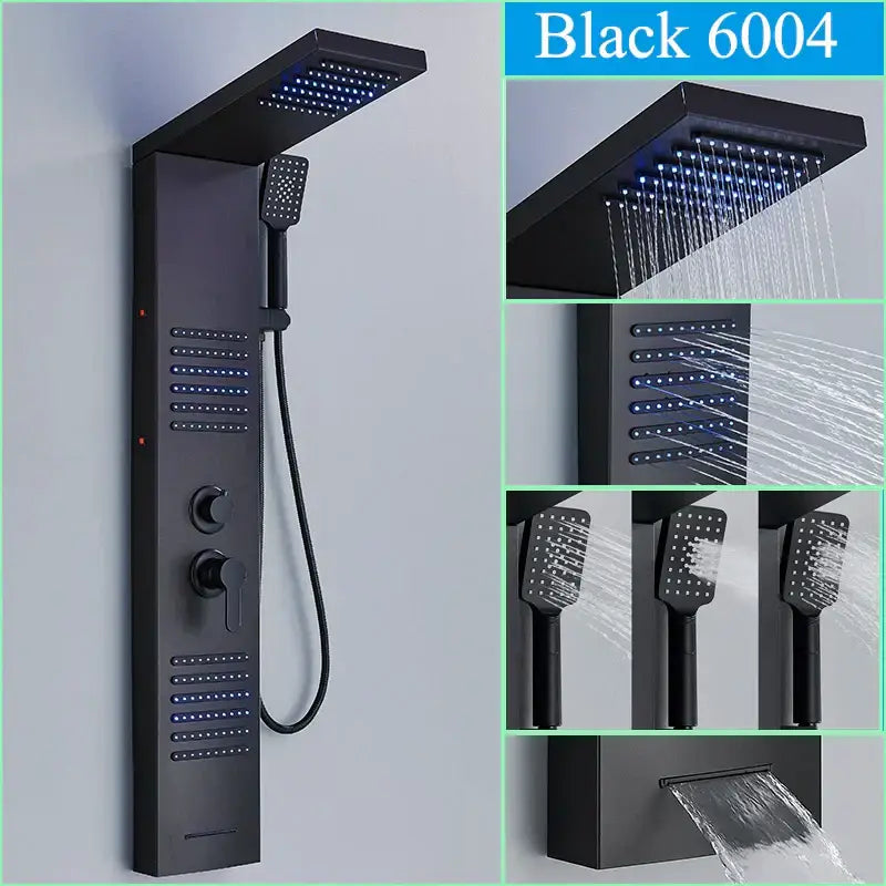 DecorBites™ Black LED Shower Faucet Panel with Waterfall Rain System & Massage Spa Spout