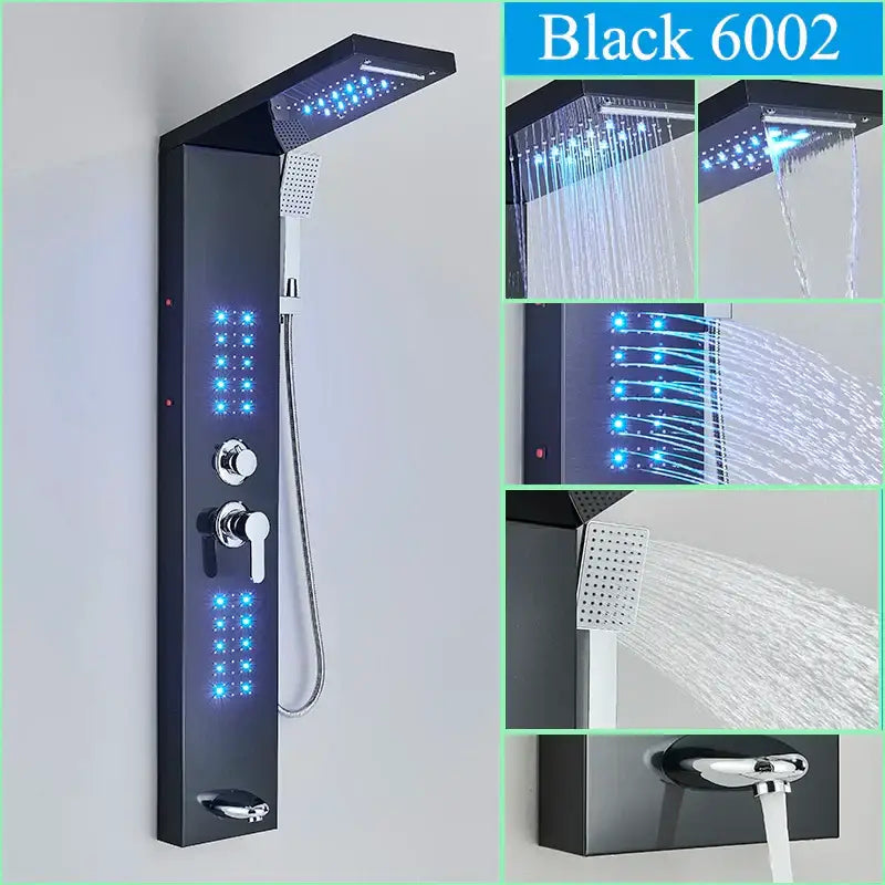DecorBites™ Black LED Shower Faucet Panel with Waterfall Rain System & Massage Spa Spout