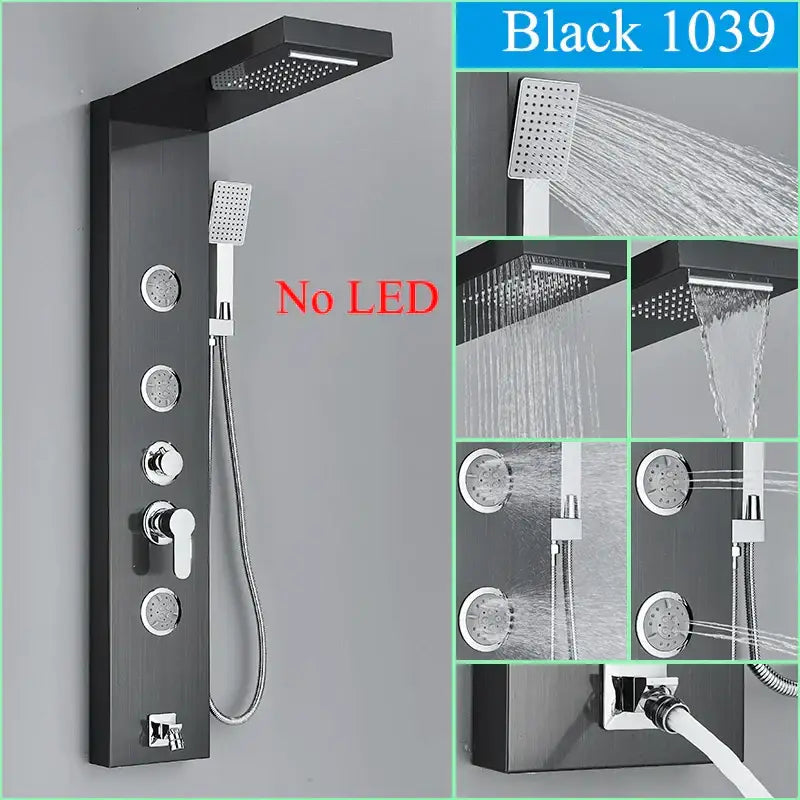 DecorBites™ Black LED Shower Faucet Panel with Waterfall Rain System & Massage Spa Spout