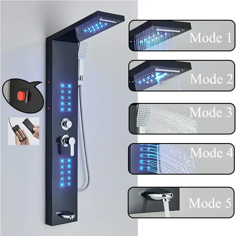 DecorBites™ Black LED Shower Faucet Panel with Waterfall Rain System & Massage Spa Spout