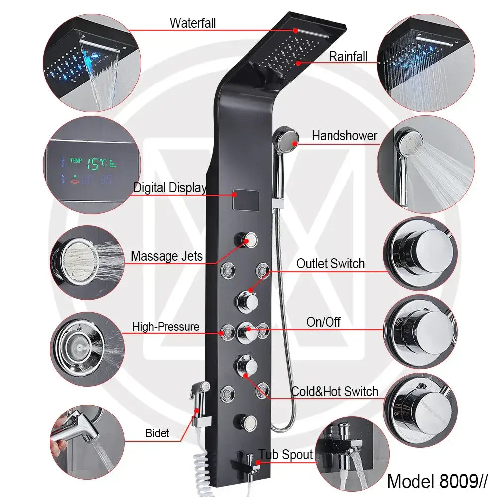 DecorBites™ Black LED Shower Faucet SPA Massage Jet Rain Panel Bidet Sprayer Tap