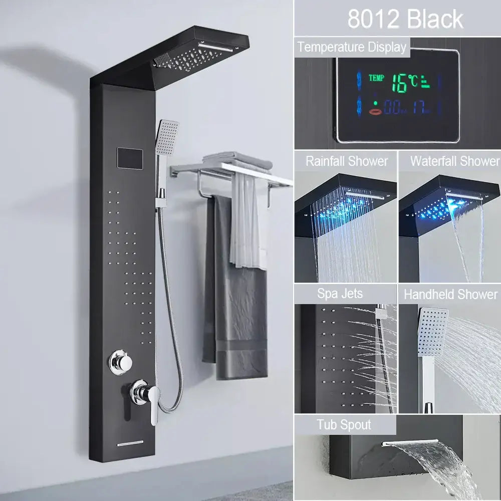DecorBites™ Black LED Shower Panel 5-Function Wall Mount Bathroom Faucet - Cold and Hot Shower