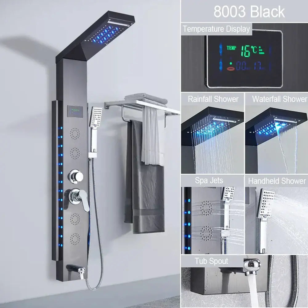 DecorBites™ Black Led Shower Panel 5-Function Wall Mount Bathroom Shower Faucet