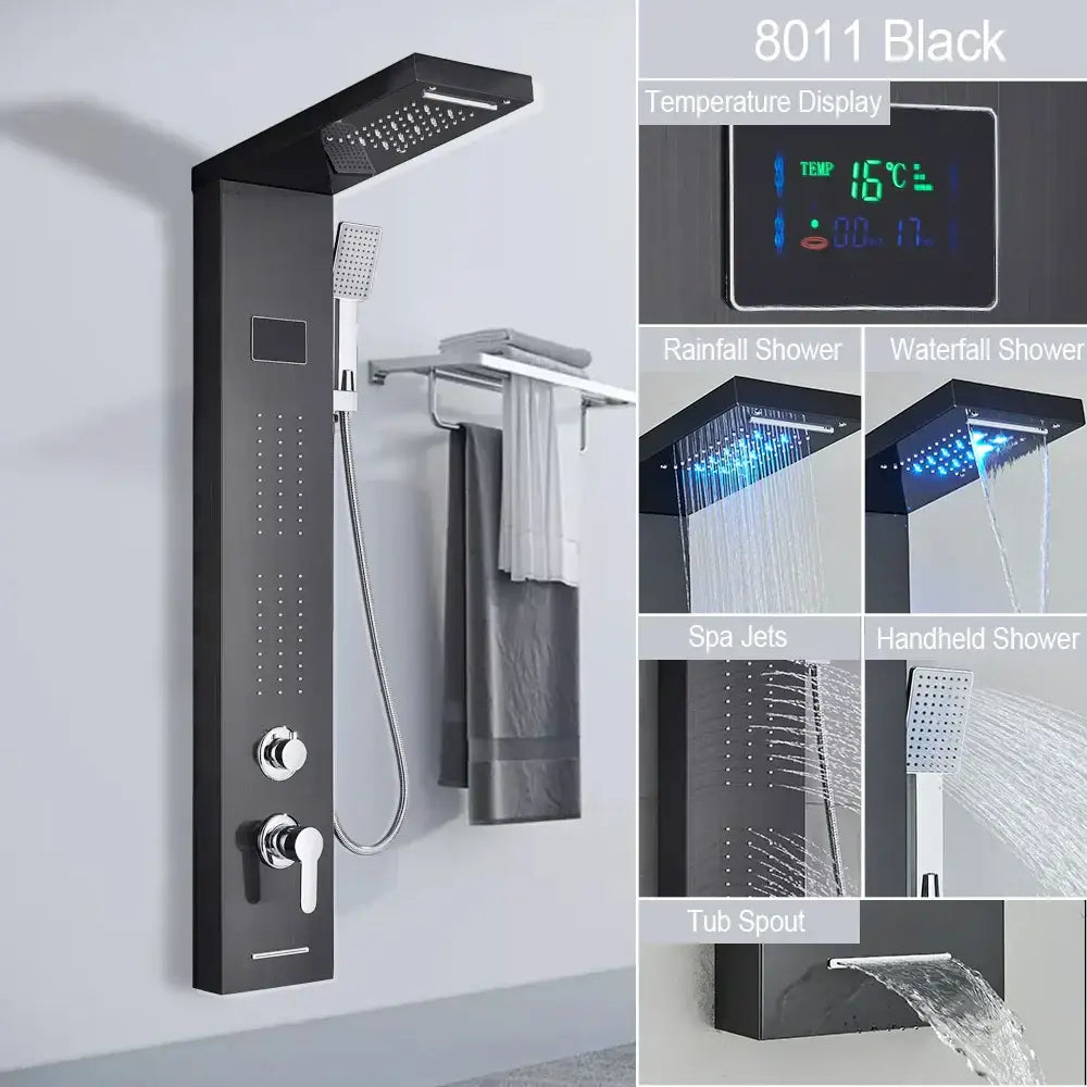 DecorBites™ Black Led Shower Panel 5-Function Wall Mount Bathroom Shower Faucet