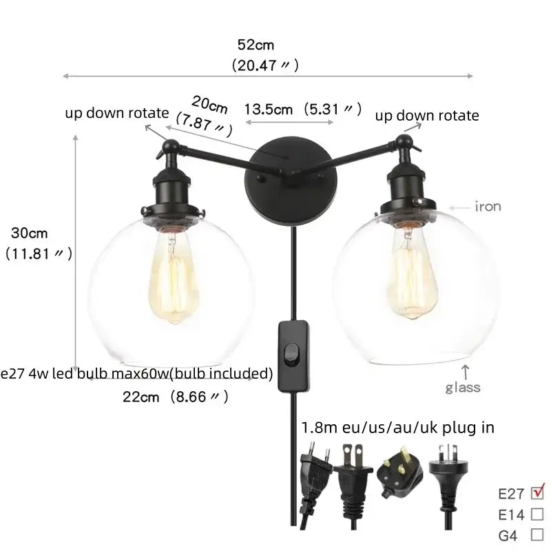 DecorBites™ Black LED Wall Sconce 2-Head Lamp for Bedroom Bathroom Mirror