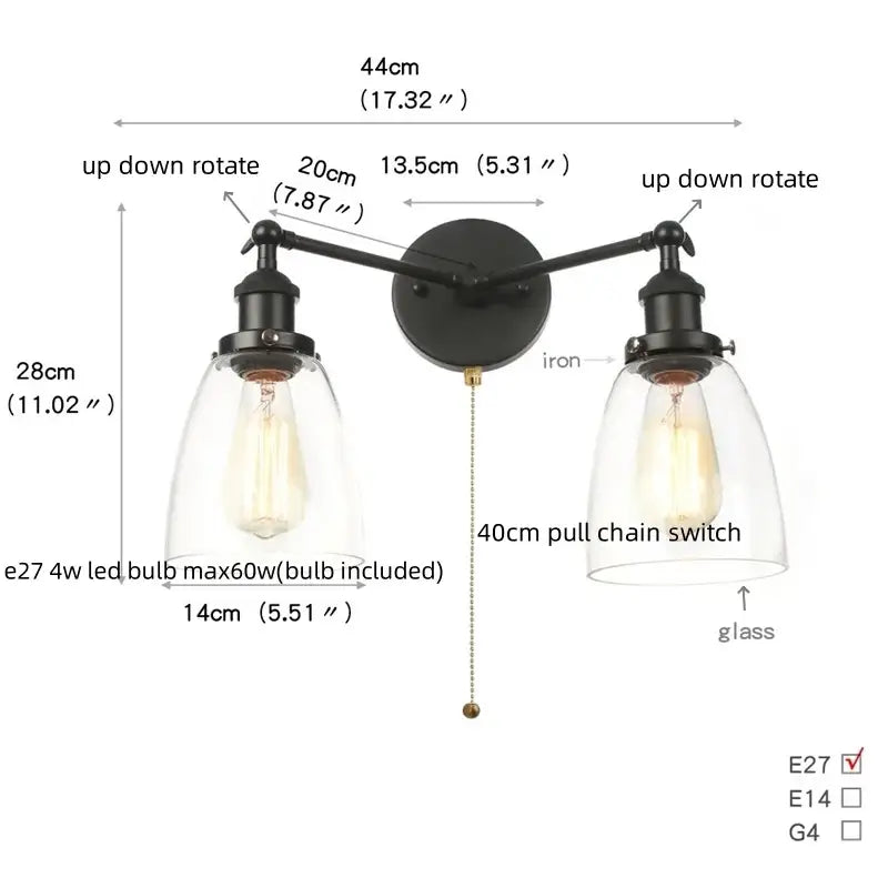 DecorBites™ Black LED Wall Sconce 2-Head Lamp for Bedroom Bathroom Mirror