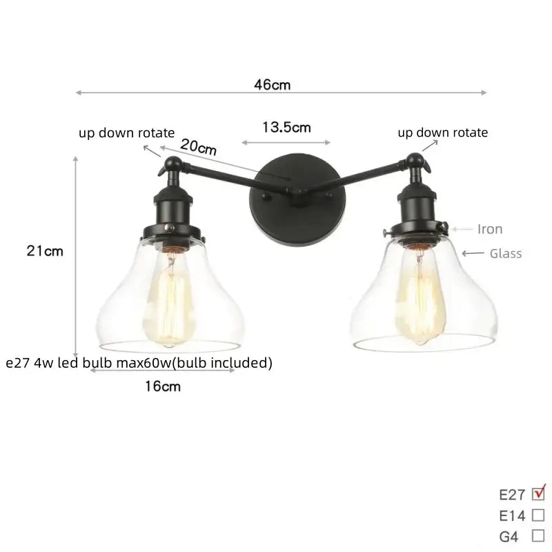 DecorBites™ Black LED Wall Sconce 2-Head Lamp for Bedroom Bathroom Mirror