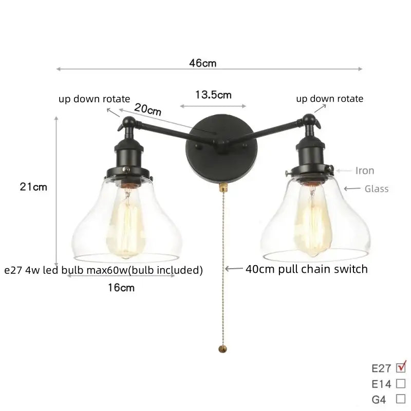 DecorBites™ Black LED Wall Sconce 2-Head Lamp for Bedroom Bathroom Mirror