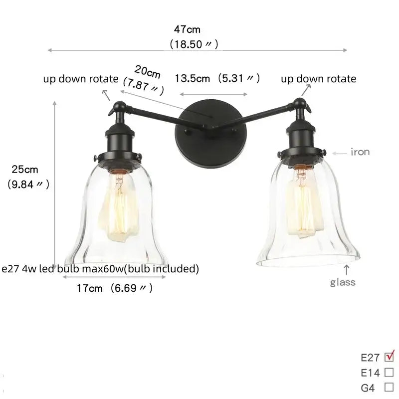 DecorBites™ Black LED Wall Sconce 2-Head Lamp for Bedroom Bathroom Mirror