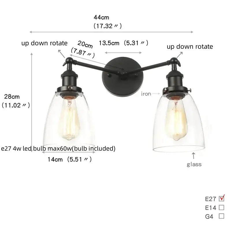DecorBites™ Black LED Wall Sconce 2-Head Lamp for Bedroom Bathroom Mirror