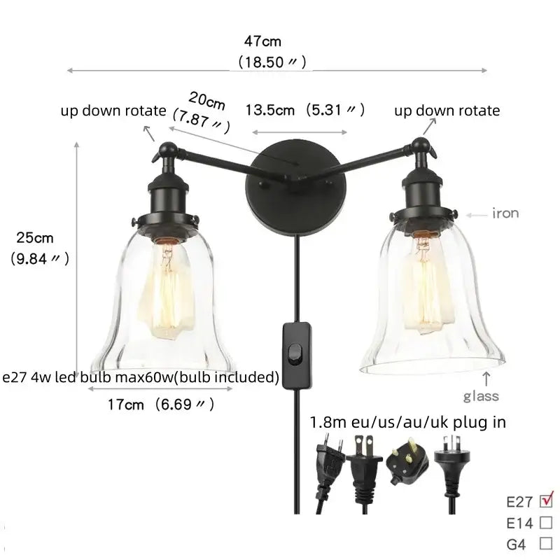 DecorBites™ Black LED Wall Sconce 2-Head Lamp for Bedroom Bathroom Mirror