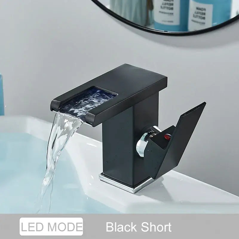 DecorBites™ Black LED Waterfall Bathroom Faucet, Deck Mounted, Three Color Change