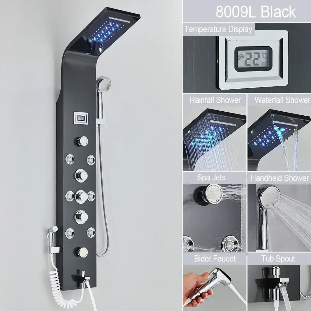 DecorBites™ Black LED Waterfall Rain Shower Panel Faucet Set with Massage Jets